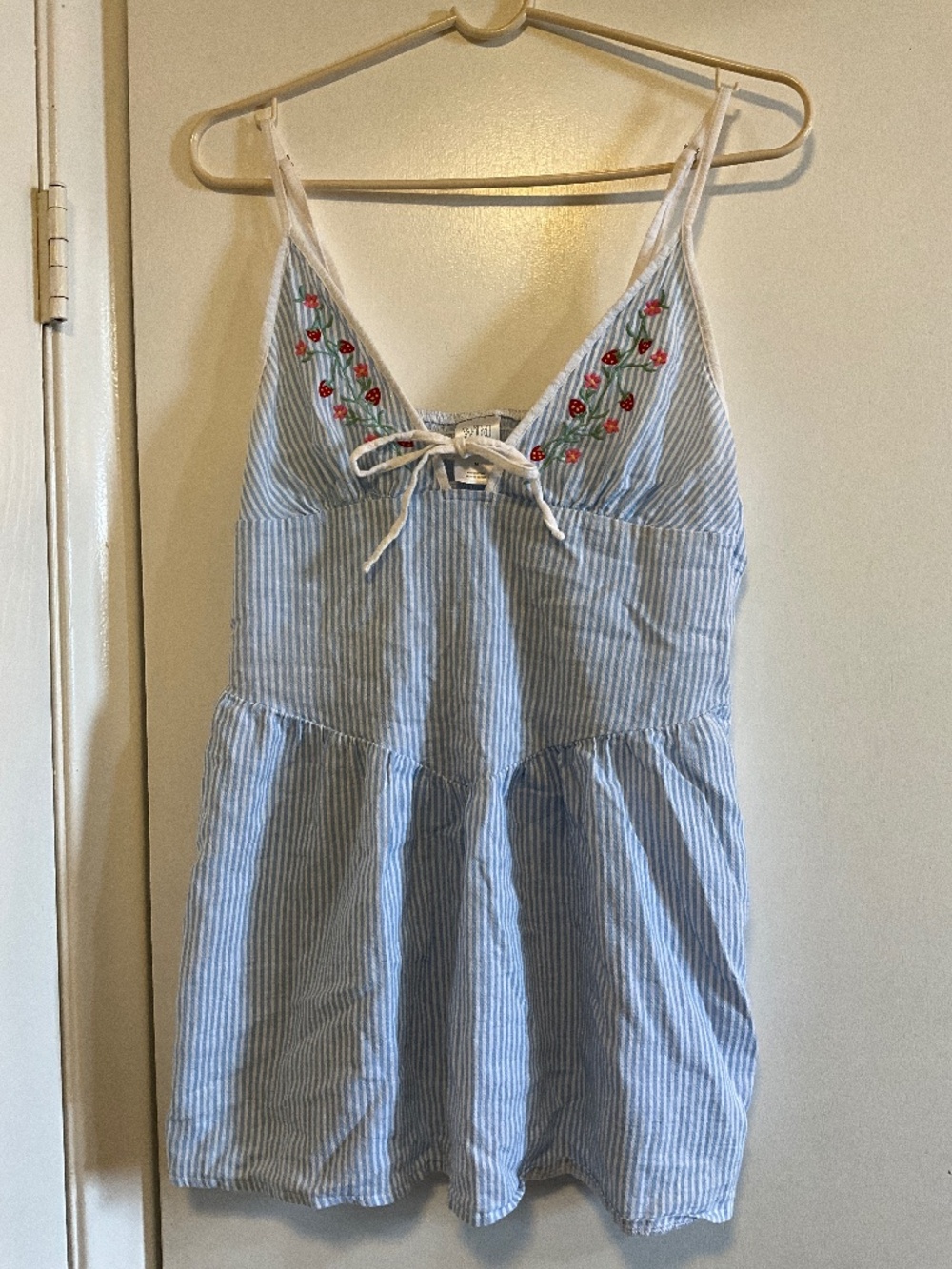 M Beach Cover Up in light blue stripes with strawberries on bodice